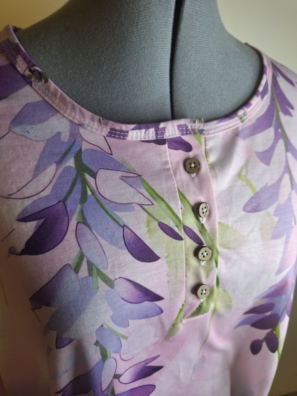 Women's Lavender Floral Henley Long Sleeve Top - Picture 3 of 6